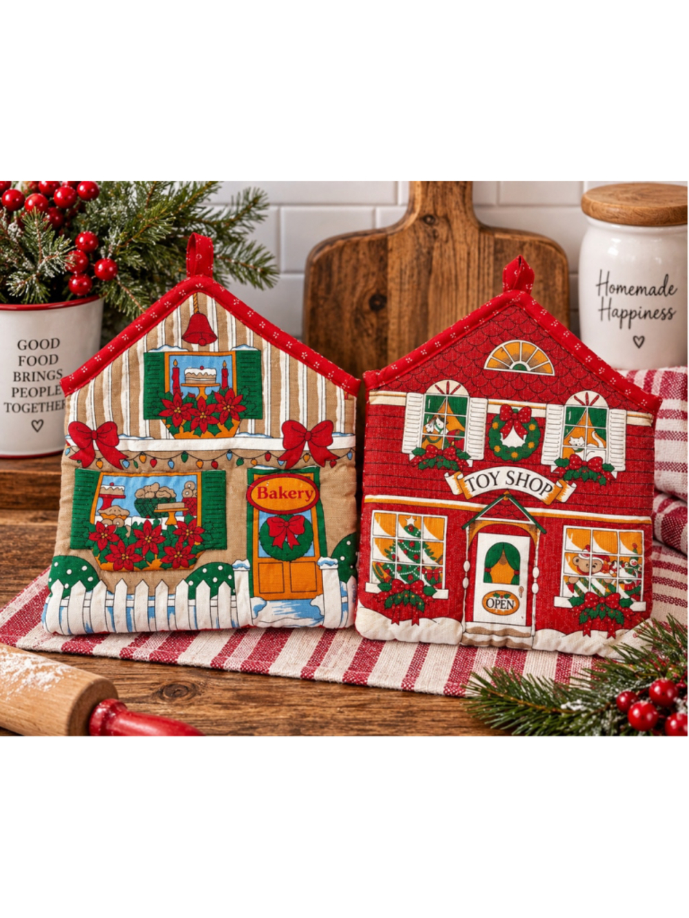 Vintage Christmas Village House Pot Holders Set of 2 Bakery Toy Shop Holiday